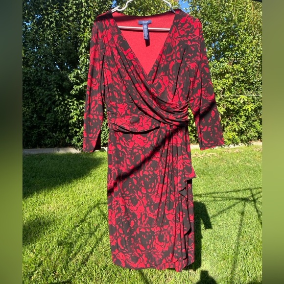 Chaps Dresses & Skirts - CHAPS Red and Black Long Sleeve Dress faux wrap dress size Large